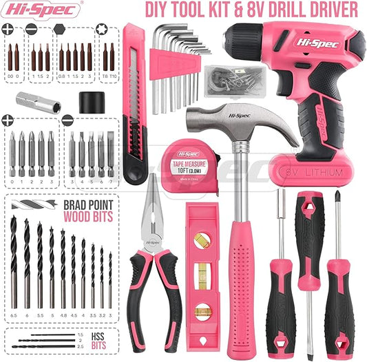 Hi-Spec 58pc Pink 8V USB Electric Power Cordless Drill Driver and Womens Ladies Home DIY Tool Kit Set. Screwdrivers, Drill Bit Set Accessories, Pliers and Hammer In a Toolbox Case