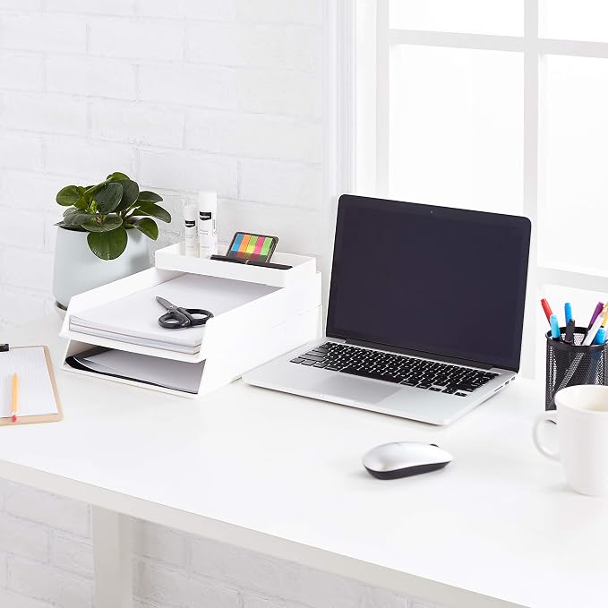 Amazon Basics Rectangular Plastic Desk Organizer, Half Accessory Tray for Office Supplies and Workspace Organization, 9.4" x 3.3" x 1", White (Pack of 2)
