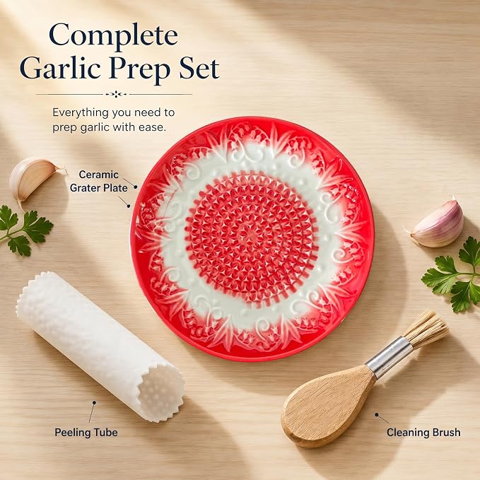 Handcrafted Ceramic Garlic Grater Plate 4-Pc Set, 5.12" Handmade Porcelain Grinding Dish with Wooden Boar Bristle Brush & Textured Silicone Peeler, Ruby Red Embossed Lily