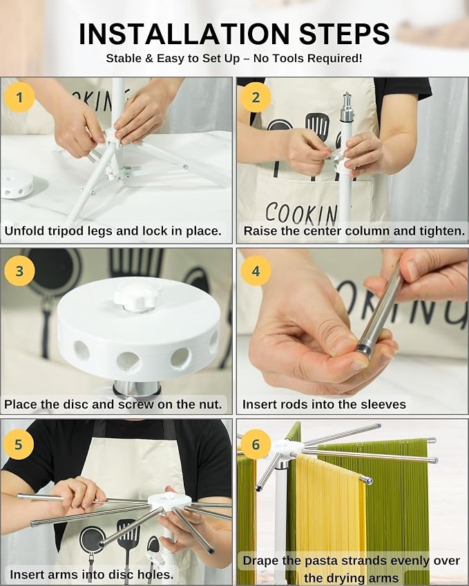 Pasta Drying Rack Collapsible, Large Noodle Dryer Foldable | 360° Rotating, Adjustable Height(14.5"-23.6"), 304 Stainless Steels Arm with Ravioli Wheel for Fresh Pasta Spaghetti