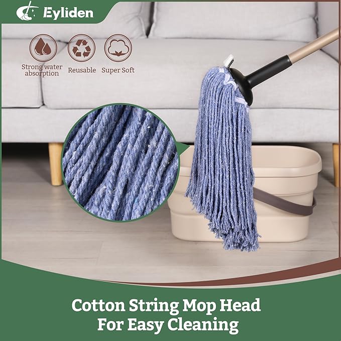 Eyliden Heavy Duty Floor Mop, Non-Touch Replacement, 2 Reusable Cotton Heads, 4 Scouring Pads, Industrial Wet & Dry Mops for Home & Commercial, Kitchen, Garage & Office Floor Cleaning, Blue