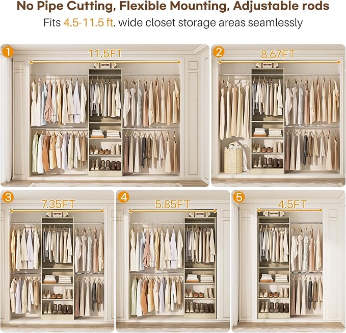 Homieasy Closet System, 4.5-11.5 Ft Expandable Closet Organizer with 5 Hanging Rods, Walk-in Wood Closet Organizer System with Storage Tower, Heavy Duty Garment Rack Wardrobe for Bedroom, Light Oak