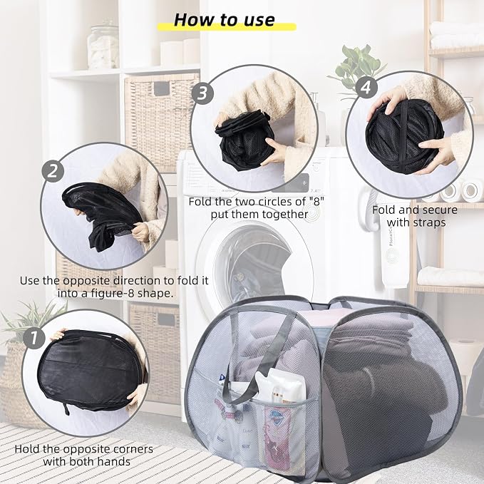 Collapsible Laundry Basket, 90L Mesh Pop-up Hamper with Handles | Foldable Storage Clothes Bag for Laundry, Bathroom, Dorm, Travel, Camping, Space-saving, Gray, 2PCS