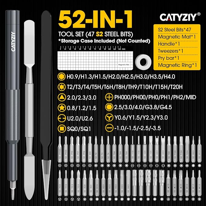 52-in-1 Precision Screwdriver Set, Magnetic Repair Kit for iPhone | Upgraded 47-piece S2 steel bit set. Includes mat, handle, tweezers, pry bar & ring. Perfect for PC, phone & watch repairs.