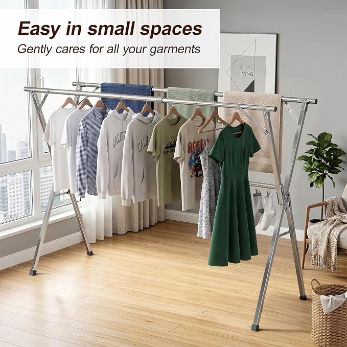 Spreezy 94 Inch Clothes Drying Rack, Stainless Steel, Indoor/Outdoor | Adjustable Length Holds 44 bs. Zero Assembly. Foldable Laundry Drying Rack. Portable, Space-Saving, with Windproof Hooks