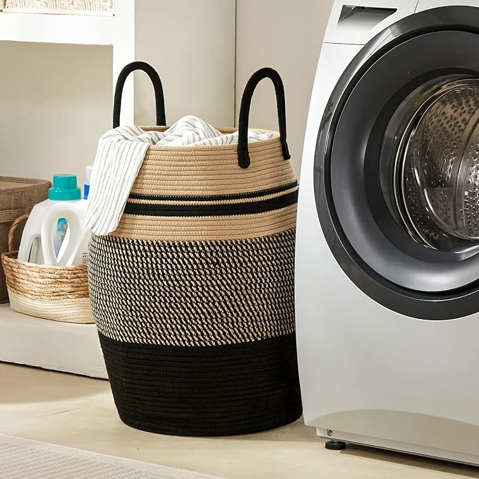 Large Laundry Hamper Basket 65L Woven Blanket Basket, Brown & Black | Tall Clothes Hamper, Rope Wicker Laundry Basket, Storage Basket for Toys, Dirty Cothes in Bedroom, Living Room Organizer