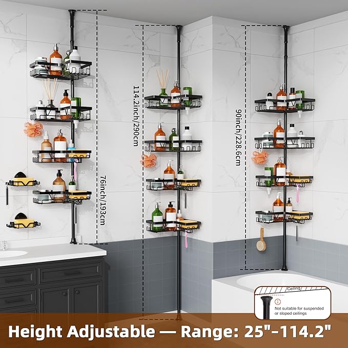 KEGII Shower Caddy Tension Pole, Rustproof Adjustable Corner Shower Organizer with 2 Suction Soap Holder, No-Drill Bathroom Storage Rack, Fits 25–114.2 Inch, Black