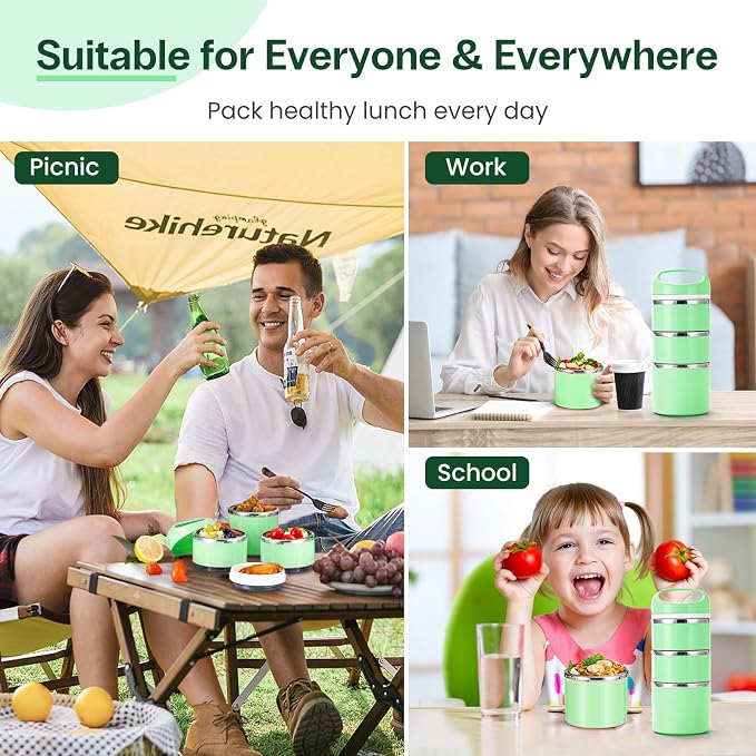 Lille Home Stackable Stainless Steel Thermal Compartment Lunch/Snack Box, 3-Tier Insulated Bento/Food Container with Lunch Bag and Three Extra Seals, 43OZ (Green)