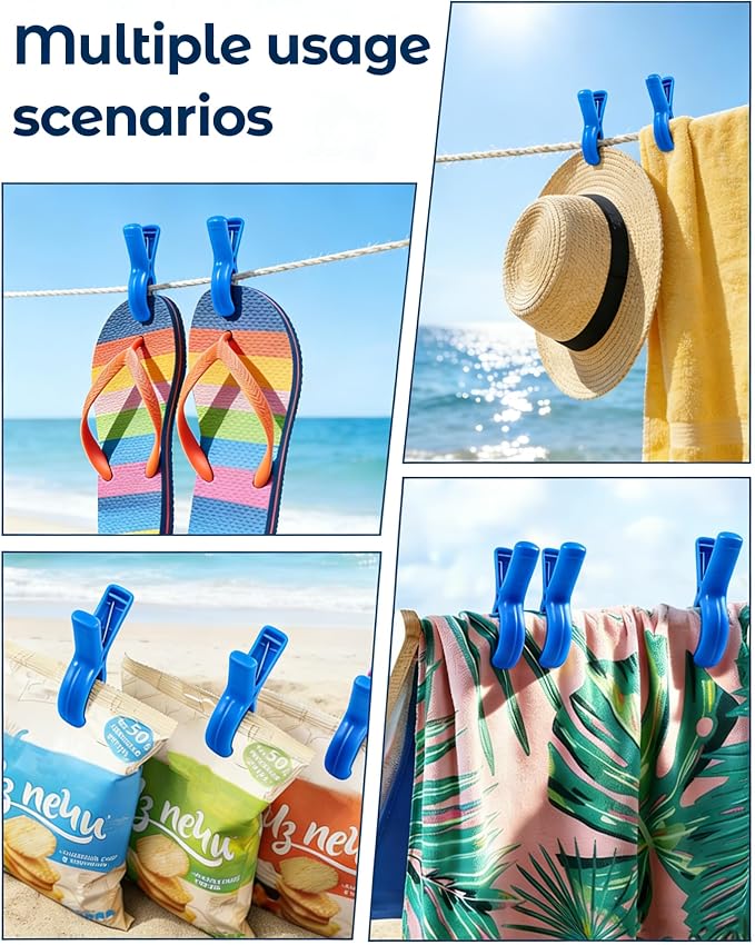 20 Pack Beach Towel Clips Heavy Duty Large Beach Essentials Chair Pool Clip | Deep Blue Clips with Strong Grip, Silicone Protection, Rust Resistant Spring, Multi-Use for Beach, Boat, Cruise & Outdoors