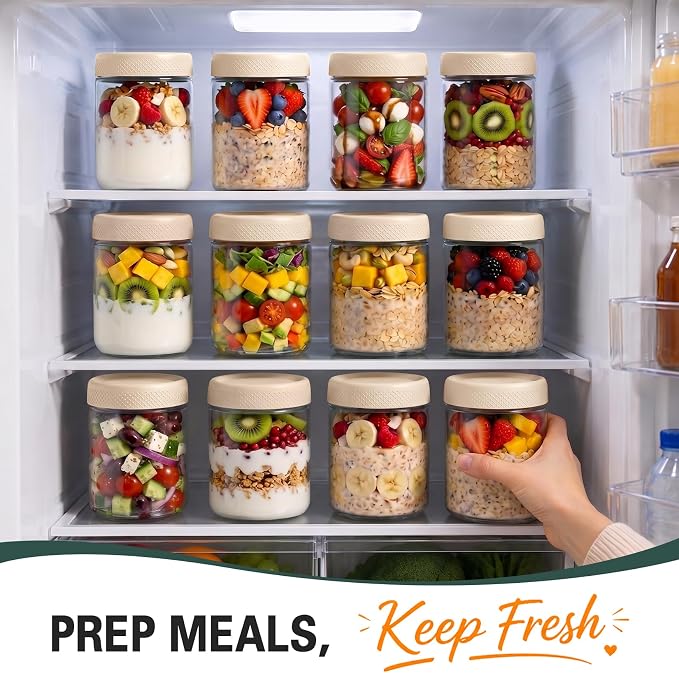16 oz Overnight Oats Containers with Lids, Yogurt Containers with Lids | 6 Pack Glass Storage Containers with Lids, Wide Mouth Mason Jars, Glass Jars with Airtight Lids for Yogurt, Chia Seed, Prep