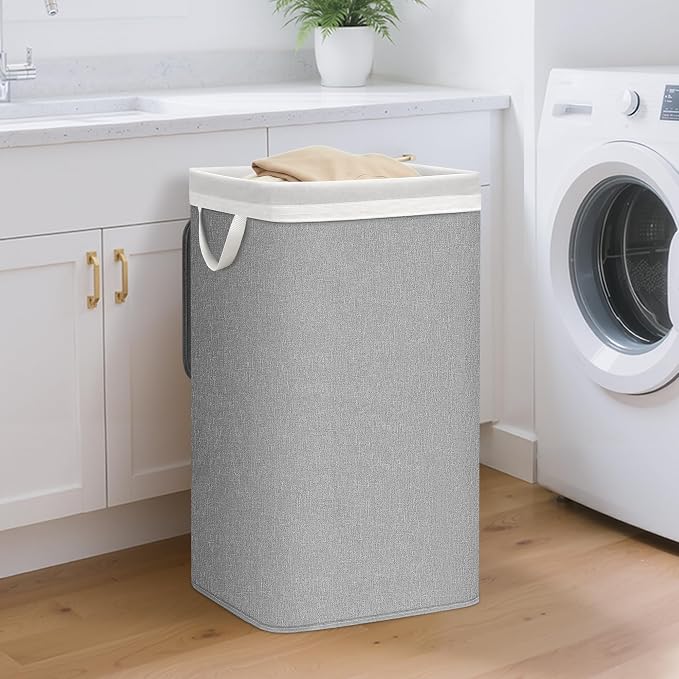 STORAGE MANIAC Metal Frame Laundry Hamper with Lid, 23.7 Gal Tall Laundry Baskets with Removeable Bag, Large Clothes Hamper with PU Tag, Laundry Bin for Dorm, Collage, Bathroom, Bedroom, Gray