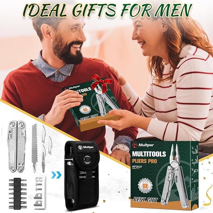 Multper Multitool Pliers with Damascus Knife & Large Scissors,Screwdriver | EDC Multi tool with Replaceable Wire Cutters, Sheath, Bottle Opener, Ideal for Camping,Survival, Repair, Gifts for Men