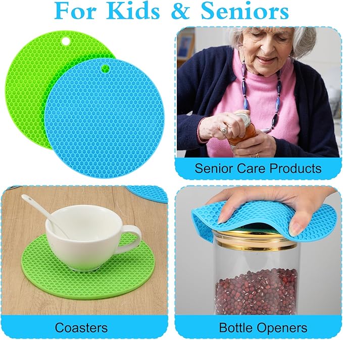 2 PCS Rubber Jar Openers 7 Inch Round Silicone Jar Opener Gripper Pads Non-Slip Kitchen Lid Opener Multi-Function Coasters Bottle Grippers for Kids Seniors with Arthritis Weak Hands Green, Blue