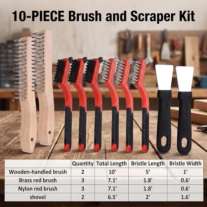 10-Piece Wire Brush Set - Heavy Duty Scratch Brushes with Stainless Steel & Nylon Bristles, Includes 2 Wood Handle Brushes and 2 Metal Scrapers for Welding Slag, Paint & BBQ