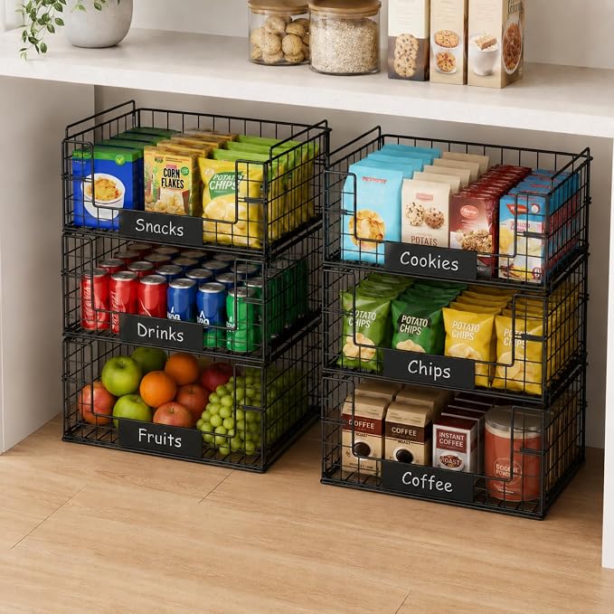 3 Pack XXL Stackable Wire Baskets with Handles & Name Plates | Pantry Organizers and Storage, Snack Organizer & Vegetable Basket & Metal Pantry Bin, Large Capacity, Durable and Sturdy