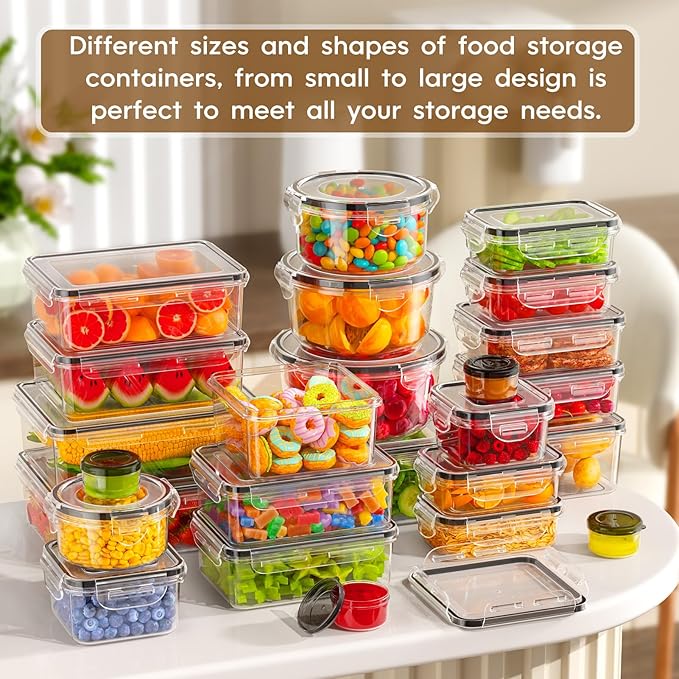 KEMETHY 50 PCS Food Storage Containers with Airtight Lids, BPA-Free | Meal prep / Dishwasher safe / Microwave safe / Assorted sizes / Stackable / Labels / Leakproof