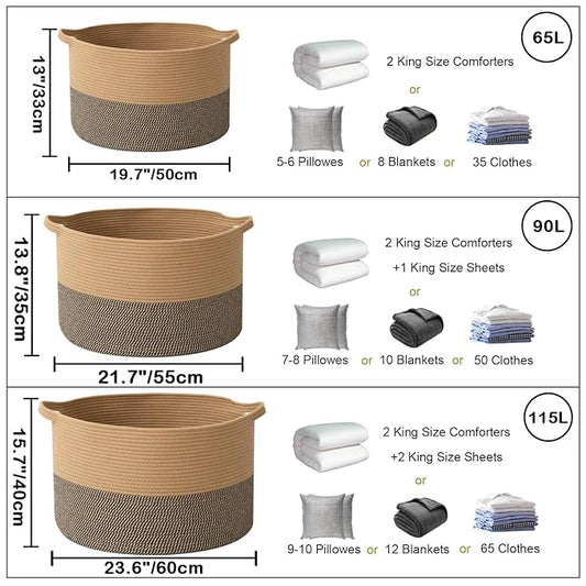 90L Extra Large Blanket Basket,Rope Woven Storage Basket with Handles, Laundry Hamper for Toys, Clothes, Pillows & Towels, Perfect for Living Room, Nursery & Bedroom,Jute&Black