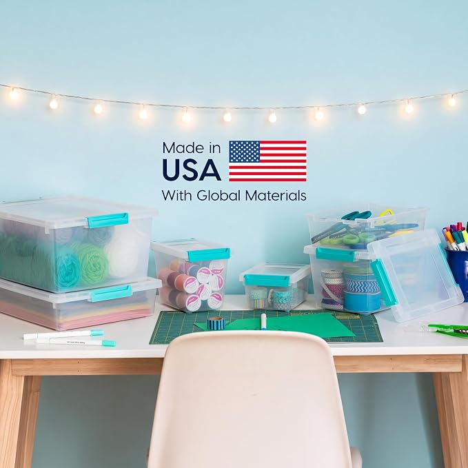 IRIS USA 6 Qt. Craft Storage Bins with Lids, 3-Pack, |Made in USA|, Clip Box, Small Plastic Sensory Bin Tote Organizer Containers for Art Supplies, Paper, & Office, Stackable - Clear/Seafoam Blue