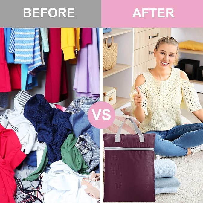 BeeGreen Burgundy Travel Laundry Bag with Handles & Zipper Pockets Dirty Clothes Hanging Laundry Hamper Heavy Duty Collapsible for College Dorm Gym Beach Pool Swimsuit