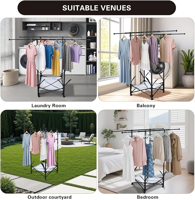 Folding Clothes Drying Rack with Extendable Rod and Wheels | Double Rod Extendable 33.1–56.7 Inches, Drying Rack Clothing with Wheels, Sweater Drying Net,Hat Hanger
