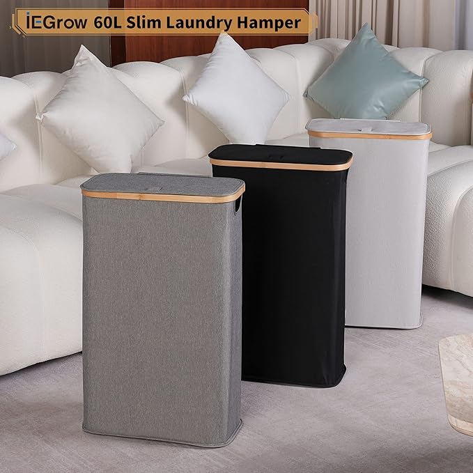 iEGrow 65L Slim Laundry Hamper, Narrow Laundry Basket with Lid,Black | Foldable Clothes Hamper with Bamboo Handles,Hamper Basket with Removable Inner Bag for Laundry Room Bedroom College Dorm