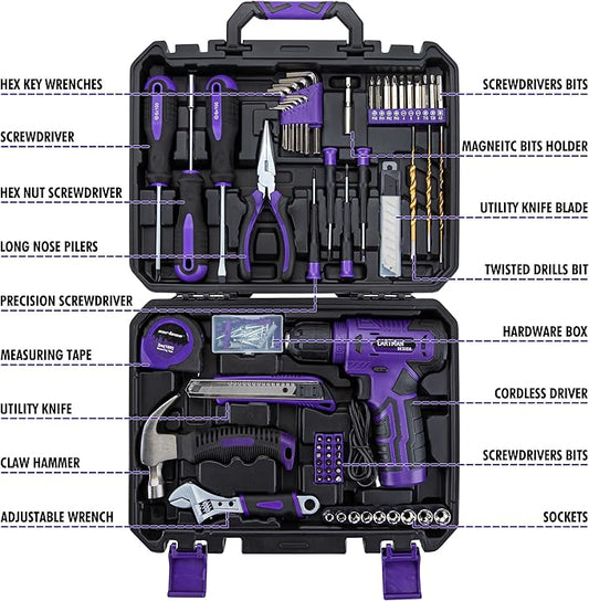 CARTMAN 150-Piece Household Tool Set, 8V Cordless Drill Driver Kit, Complete Hand Tool Kit for Home Maintenance, DIY Projects and Repairs, Purple