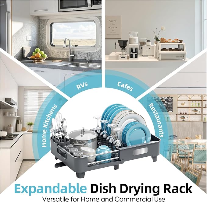 TOOLF Expandable Dish Drying Rack for Kitchen Counter, Gray | Extendable 12.8in to 20.35in,Stainless Steel & PP,One-Minute Quick Assembly,Cutlery Holder,Portable Carry Handle,Space-Saving