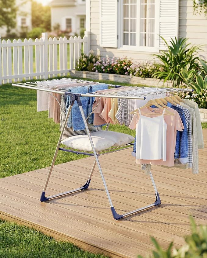 Sakugi Clothes Drying Rack, 55.5" Adjustable Wings, Foldable Design | Laundry Room, Bedroom, Outdoor & Indoor Use, Height Adjustable, Collapsible, Silver Blue, 55.5" L × 22.8" W