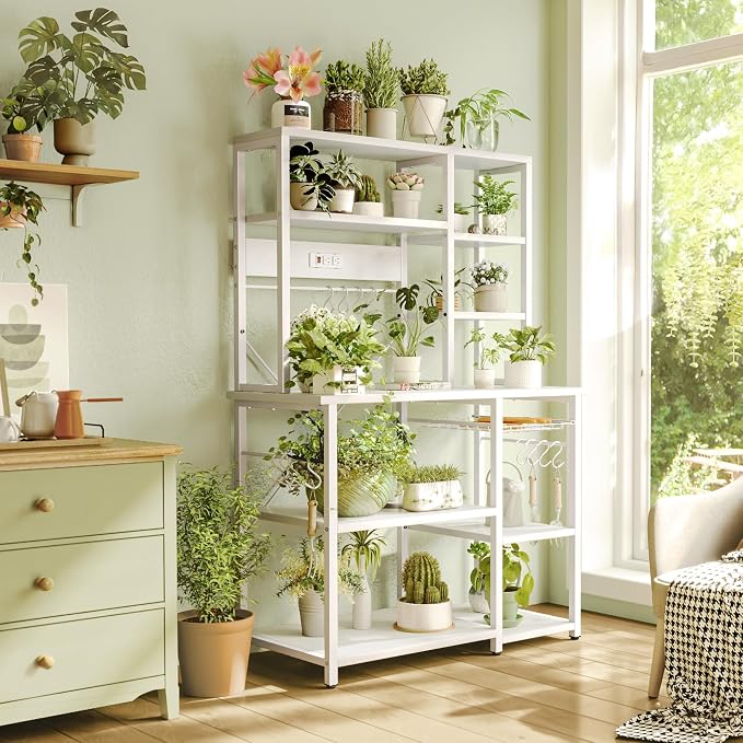 SUPERJARE Large Bakers Rack with Power Outlets, 6-Tier Microwave Stand, Coffee Bar with 12 S-Shaped Hooks, Kitchen Shelf with Wire Basket, 39.4 x 14.6X 66.9 Inches, White
