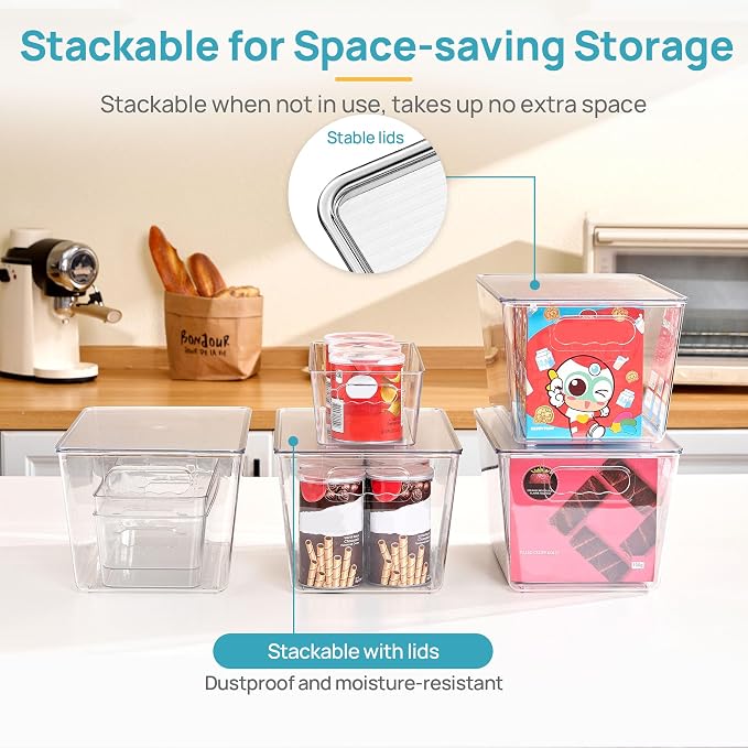 Vtopmart 10 Pack Clear Storage Bins with Lid Set for Pantry Organizer | 6 Large and 4 Small Plastic Pantry Storage Bins with Handle, Storage Containers for Pantry, Kitchen, Fridge, Cabinet