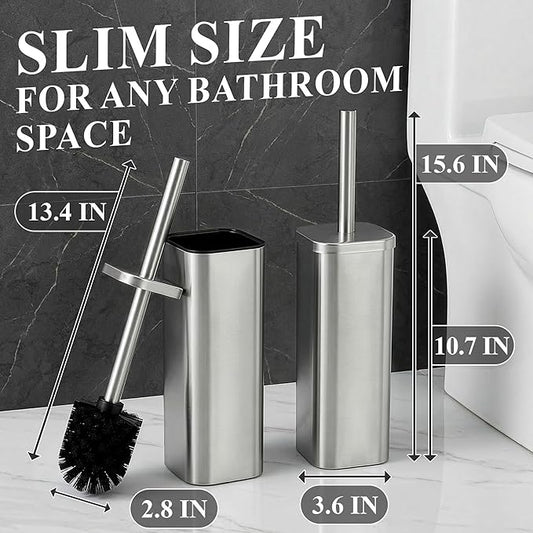 Toilet Brush with Square Holder - Toilet Brush and Holder Set Silver, Stainless Steel Handle with Splash Shield, Replaceable Head and Removable Inner Cup - Freestanding Bathroom Toilet Cleaning Set