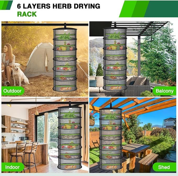 Yesker 6 Layer Herb Drying Rack Hanging Mesh Net Foldable Plant Drying Racks 24" w Green Zipper Pruning Shears Hook Dryer Hanging Rack for Herbs Seed Bud Fruit Clothes Grow Tent Closets Garden Outdoor