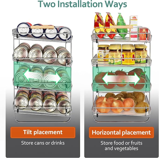 MAXIFFE 4 Tier Can Organizer for Pantry, 16.9" W×11.5" D×16.7" H, Space-Saving Adjustable Metal Hold 40 Standard 12-oz Cans Storage Rack Holder for Countertop Kitchen Soda Drinks Fruits, Chrome