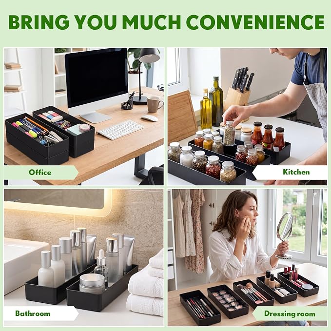 Teling 12 Pcs Black Large Rectangular Desk Organizer Set Half Accessory Tray Plastic Tabletop Organizer for Office Home or Study Dimensions: 9.45 x 2.95 x 1.38 Inches