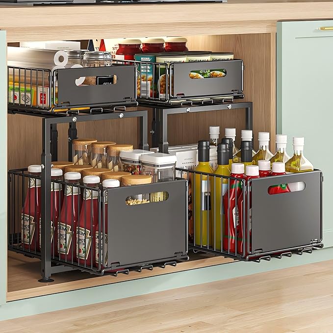 Under Sink Organizer, 2-Tier Multi-Use Kitchen and Bathroom Organizers and Storage, Slide Out Thickened Metal Under The Sink Organizer for Kitchen Bathroom Pantry (Style A Black, 1 Pack)
