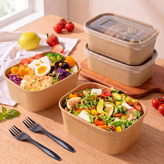 50 Pack 29oz Disposable Meal Prep Containers with Lids and Forks, Microwave and Freezer Safe Kraft Paper Bowls for Salad Noodles, Take Out Containers for Hot/Cold Food