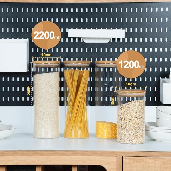 D2scrma 70oz Straight cylindrical Airtight Storage Jars with Bamboo Lid Set of 3 Storage Container Glass Jars, Kitchen Canister for Noodles, Pasta and Coffee beans (with Black Lable)