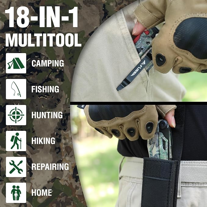 FLISSA 18-in-1 Camo EDC Multitool Pliers Fire Starter with Sheath | Equipped with Fire Starter, Window Breaker, Whistle, Stainless Steel, Perfect for Survival, Simple Repair, Camping