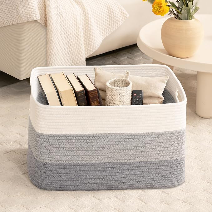 60L Woven Laundry Basket Hamper with Handles, Gradient Grey | collapsible wicker hamper, storage for dirty clothes, toys, blankets, gifts, living room, bedroom, bathroom, 21"x15"x11"