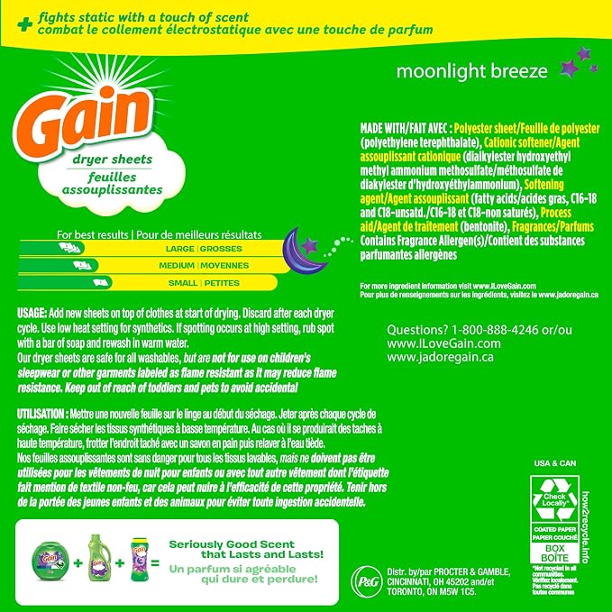Gain, Laundry Dryer Sheets, Fabric Softener Anti Static Sheets, Moonlight Breeze Scent, 240 Count (Packaging May Vary)