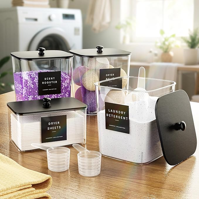 Moforoco 5+1Pack Laundry Pods Container, Clear Laundry Room Organization Containers,Large Detergent Powder Storage, Black Wooden Lids & Labels, Acrylic Pods Holder