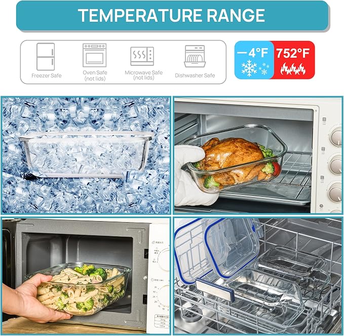 Vtopmart 2Pack 2260ml/ 76.4oz Large Glass Storage Containers with Lids, Meal Prep Food Container Set with Snap Airtight Lid for Baking, Microwave, Oven, Leak Proof, for Freezer, Dishwasher, Blue