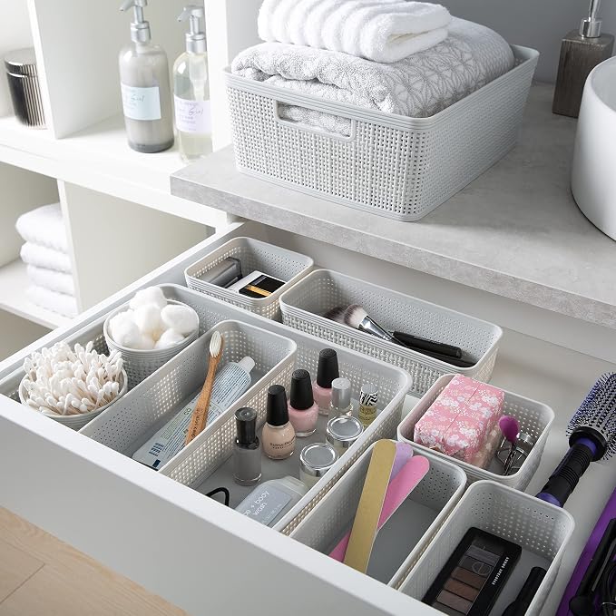 Simplify 10 Piece Organizing Set Multiple Size Bins Multipurpose Office, Desk, Dorm, Bathroom, Storage Basket, Small Items & Accessories | Grey (Pack of 6)