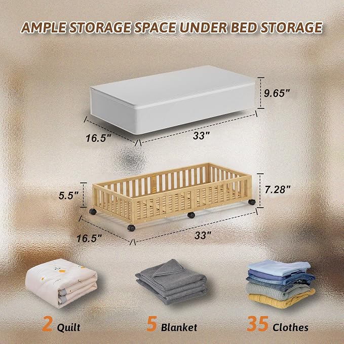 2 Pack Large Bamboo Under Bed Storage Containers with Wheels, Nature | Underbed Drawer Storage with Bag, Wood Rolling Underbed Organizer for Shoes, Sheets Clothes Blanket Comforter, Under Crib Toy
