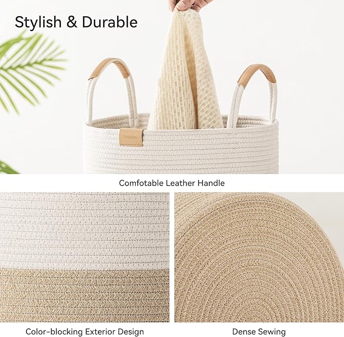 Nunsino 95L Striped Laundry Hamper with Leather Handles,Large Foldable Laundry Basket for Clothes,Cotton Rope Storage Bin for Blankets,Woven Clothes Basket for Bedroom,Beige Stripes