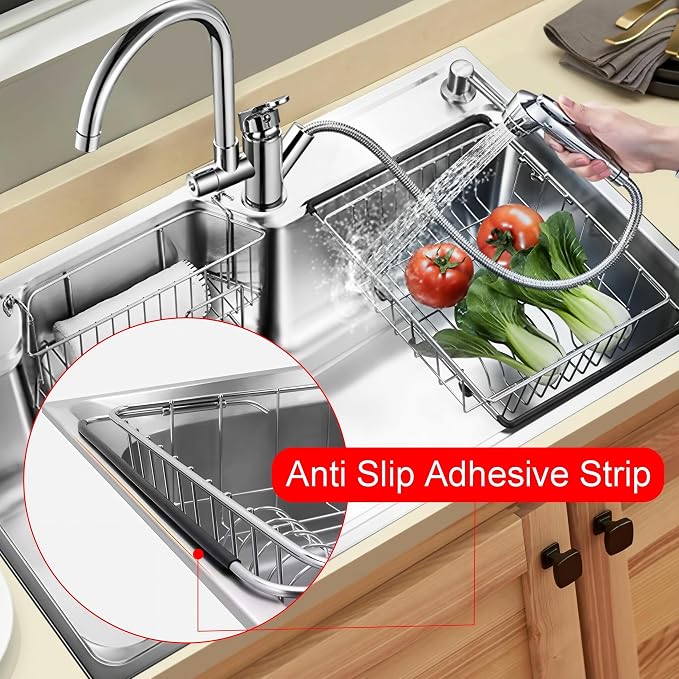 Expandable Dish Drying Rack, Rustproof Stainless Over Sink Dish Drainer Rack Basket Shelf, 304 Stainless Steel Metal Dish Drainer in Sink or On Counter Organizer Dish Dryer Rack for Inside Sink
