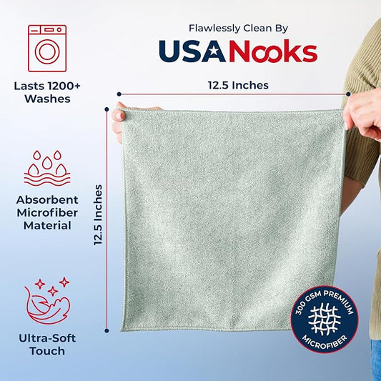USANOOKS Microfiber Cleaning Cloth - Sea Green - 24Pcs (12.5x12.5 inch) High Performance - 1200 Washes, Ultra Absorbent Car Towel Traps Grime & Liquid for Streak-Free Mirror Shine - car Washing Cloth