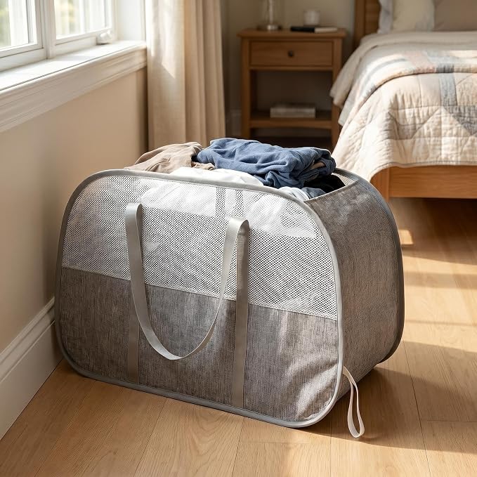 95L Collapsible Laundry Basket, Dirty Clothes Hamper | Foldable Laundry Hamper with Handles, Breathable Mesh Design, Sturdy Steel Frame, For Bedroom, Dorm, Bathroom