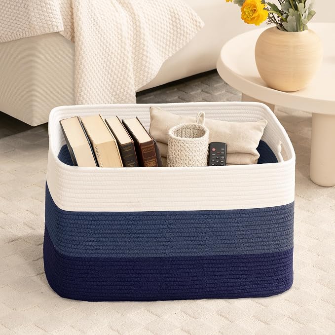 86L Large Woven Laundry Basket Hamper with Handles, Gradient Blue | collapsible wicker hamper, storage for dirty clothes, toys, blankets, gifts, living room, bedroom, bathroom, 24"x16"x14"