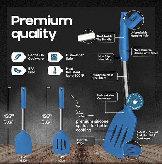 BakeRoyal Silicone Spatula Set - Turner Spatulas Silicone Heat Resistant 600°F - Slotted & Solid Spatula for Cooking Fish, Eggs, Pancakes Flipper – Spatulas for kitchen use – Blue